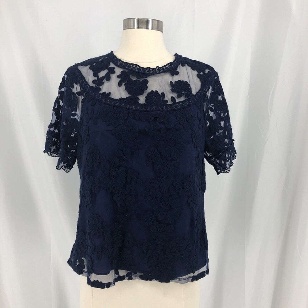 Laundry Shelli Segal Womens Size Medium Blue Lace Top Short Sleeve